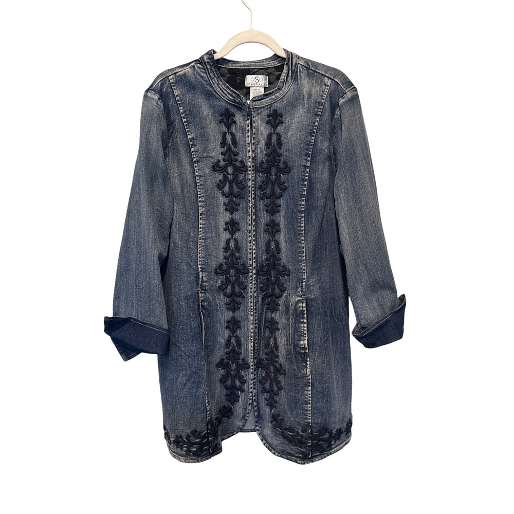 OSO Casuals Embroidered Denim Jacket Duster XL Boho Western Y2K Longline Folk